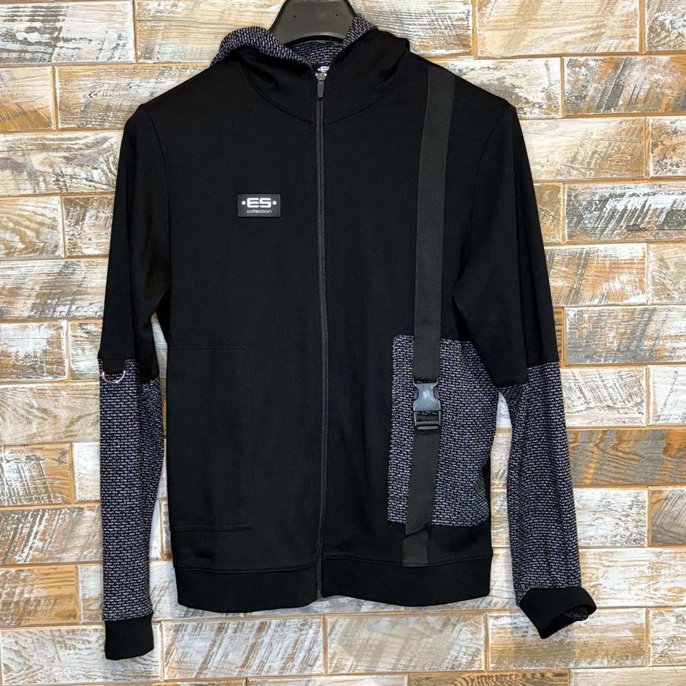 ES Collection Black and Gray Zip-Up Hoodie Sweater. Size L.
